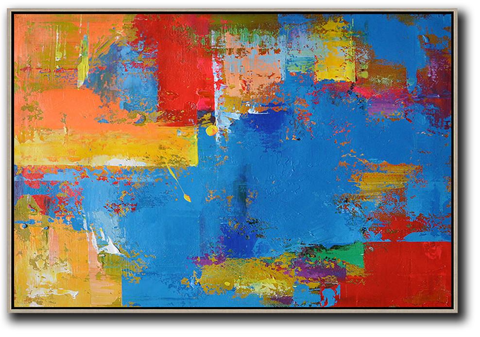 Size Extra Large Abstract Art,Horizontal Palette Knife Contemporary Art,Modern Abstract Wall Art,Blue,Red,Yellow,Orange.etc